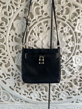 Danier Black Pebbled Leather Crossbody Bag Gold Lock Detail